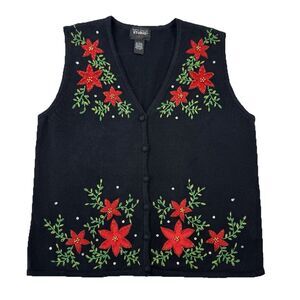 Designer Originals Studio Joy L Black Christmas Sweater Vest Poinsettia Beaded